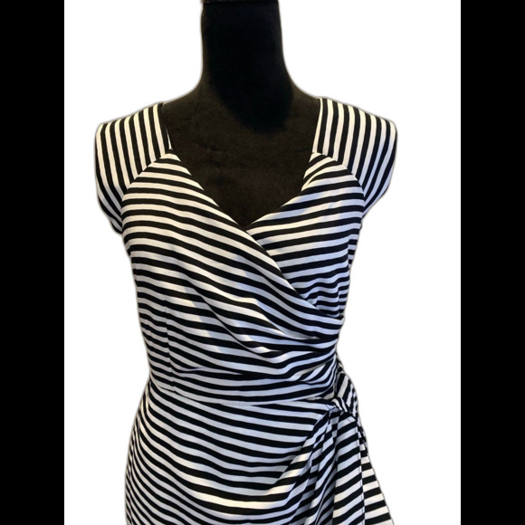 Worthington Dress Faux Wrap Size 12 Black White Stripes Fitted Lined Sleeveless - Picture 2 of 11